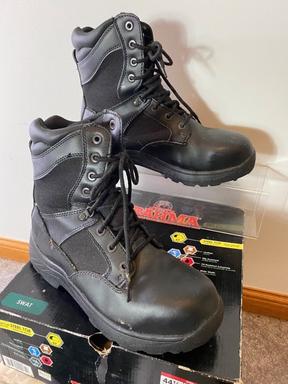 Brahma Mens Steel Toe Work Boots Swat Black Size 10.5 Wide Slip Resistant